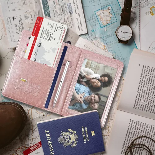 Vista 7 de RSAquar Combo de portatarjetas de pasaporte y vacunación, funda de pasaporte, funda de cuero para tarjetas de viaje, accesorios con bloqueo RFID