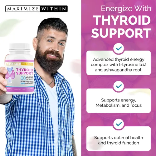 Vista 4 de Suplemento de apoyo para la tiroides para mujeres y hombres, enfoque, claridad mental y energía con yodo de ashwagandha, zinc, algas, vitamina B12