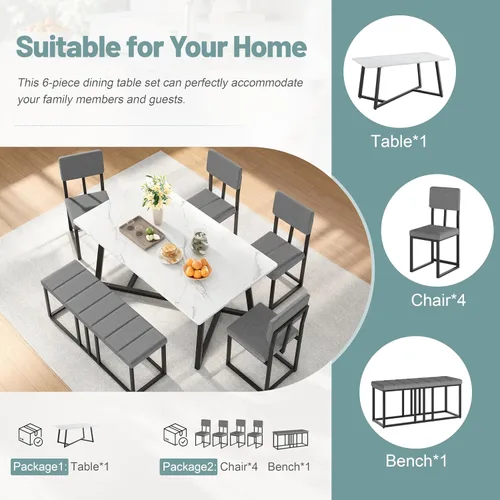 Vista 5 de HUGROVE Juego de mesa de comedor de 6 piezas, mesa rectangular de mármol sintético de 51.18 pulgadas con 4 sillas de comedor tapizadas de lino