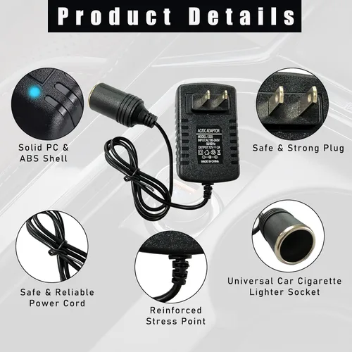 Vista 3 de Ziciner Convertidor de CA a CC, 100-240V a 12V 2A 24W Convertidor AC/DC, toma de encendedor de cigarrillos de automóvil, transformador de adaptador