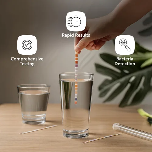 Vista 4 de Restaurantware Kit de prueba de agua multiuso instantáneo de 100 unidades, 17 en 1, 2 pruebas de bacterias, para agua de grifo y pozo, tiras
