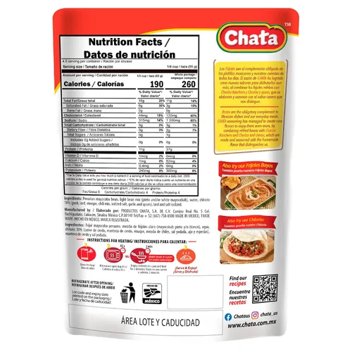 Vista 2 de Chata - Frijoles refritos mexicanos con chilorio de cerdo, 15.2 oz (paquete de 3) Listo para comer, solo calienta y sirve