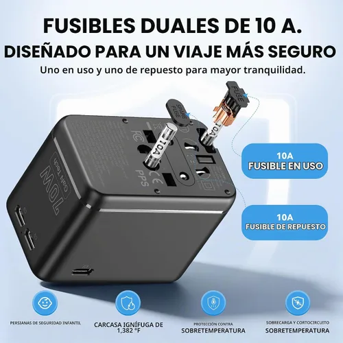 Vista 7 de Adaptador de viaje universal GaN de 70 W, 4 USB C/A + 2 AC, más de 200
