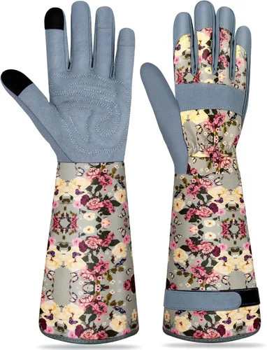 Vista 20 de Guantes largos de jardinería para mujer, guantes de cuero a prueba de espinas, guantes de trabajo transpirables para mujeres, patio, exteriores