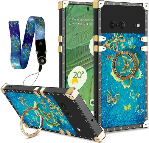 Vista 14 de nancheng Funda para Google Pixel 6 de lujo, diseño de abeja, corazón y abeja, chapado en oro, con anillo de diamante de 360°, correa de cordón