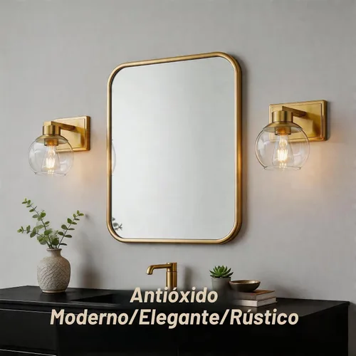 Vista 2 de Juego de 2 apliques de baño de latón cepillado, juego de dos apliques de pared dorados, lámpara de tocador de baño con pantalla de vidrio