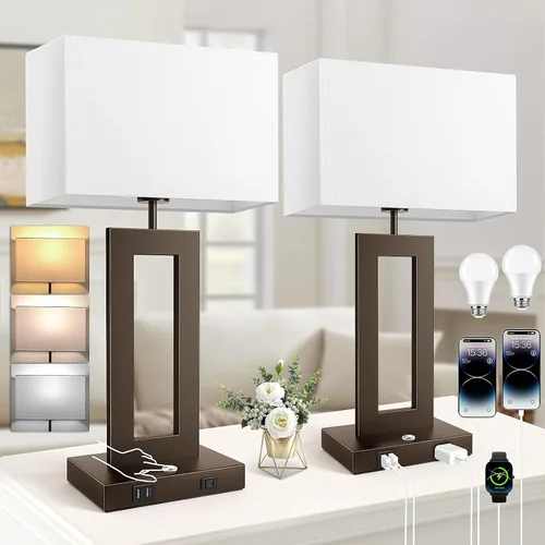 Vista 11 de Kondras Juego de 2 lámparas de mesa para dormitorios, 3 temperaturas de color, control táctil, lámparas de noche con 2 puertos USB y salida de CA