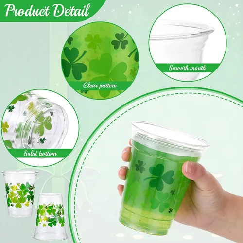 Vista 3 de 100 tazas de plástico transparente desechables de 12 onzas para el Día de San Patricio, vasos de plástico transparente desechables para días