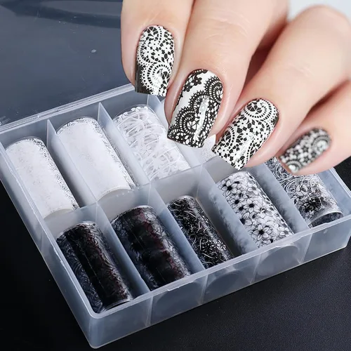 Vista 2 de 10 rollos de calcomanías de transferencia de papel de uñas de flores blancas y negras con patrón de flores de encaje pegatinas de transferencia