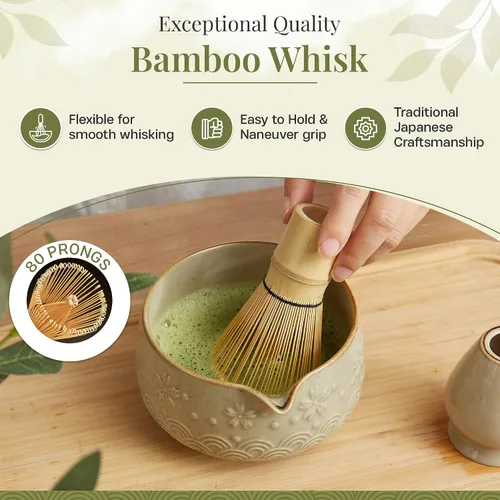 Vista 3 de Juego de 9 batidores Matcha – Juego de té Matcha con cuenco de cerámica matcha, batidor de bambú (Chasen), cuchara, tamiz Kit Matcha para Verde