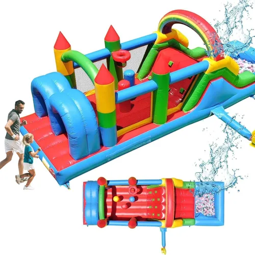 Vista 11 de Castillo inflable de grado comercial de 16 x 12 pies, (PVC resistente), (soplador de 1100 W) - 2 toboganes, hoyo de bolas, aro de baloncesto, casa