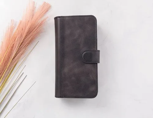 Vista 5 de HARDISTON Funda de piel auténtica de alta calidad hecha a mano para iPhone 7/8 / SE doble folio tarjetero - Funda magnética desmontable - Soporte
