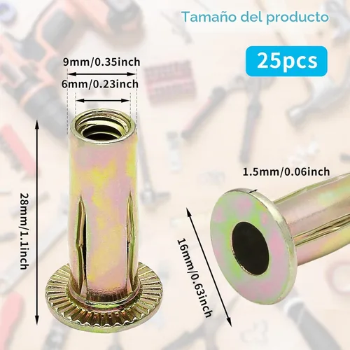 Vista 2 de 25 tuercas remachadoras de acero 1/4-20 con agarre múltiple Vástago pre abombado, zincado, cabeza plana, inserto roscado, sujetadores