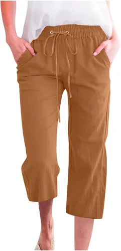 Vista 23 de Ceboyel Pantalones capri para mujer para verano, cintura elástica, pantalones de yoga, con cordón, pantalones de lino, pantalones de entrenamiento