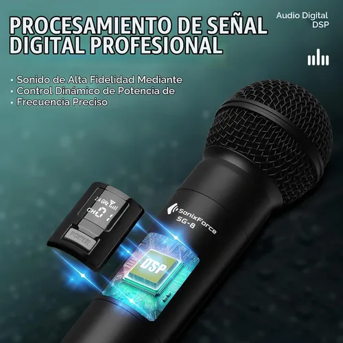 Vista 3 de Micrófono inalámbrico - Micrófono de karaoke para cantar - Micrófonos de mano dinámicos dobles recargables con receptor - Micrófono inalámbrico