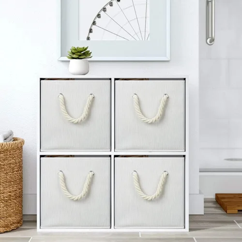 Vista 2 de Contenedores plegables de almacenamiento de tela de bambú beige y blanco, organizador resistente con asa de cuerda de algodón para oficina en casa