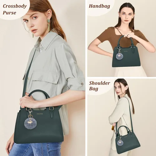 Vista 6 de IGOLUMON Bolso de mujer con asa superior de cuero vegano sintético Satchel Monedero para mujer Bolso de mano de diseñador con lindo pompón