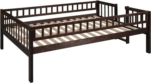 Vista 9 de Linique Litera triple de tamaño matrimonial con tobogán y escalera, marco de cama separable de madera maciza con barandilla de longitud completa