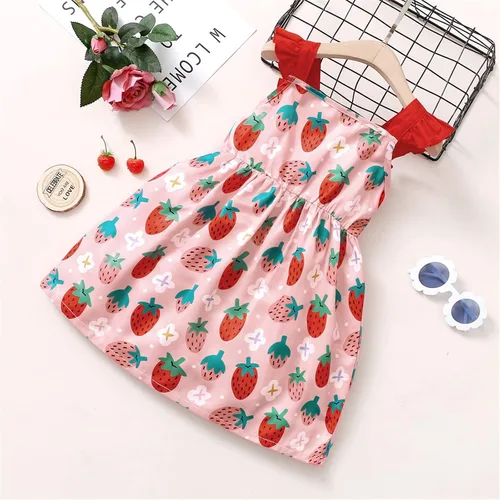 Vista 9 de Vestido de colibrí con estampado de fruta y fresa, sin mangas, para niñas pequeñas, para la playa, para niñas pequeñas, color rosa, 5-6 años