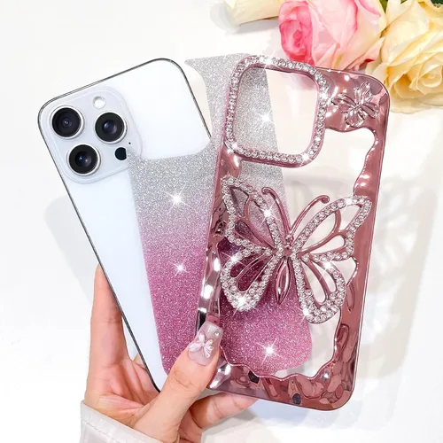 Vista 2 de Bonoma Funda con purpurina para iPhone 13 Pro Max, bonita funda 3D con patrón de chapado en degradado de mariposa de diamante, protección de cámara