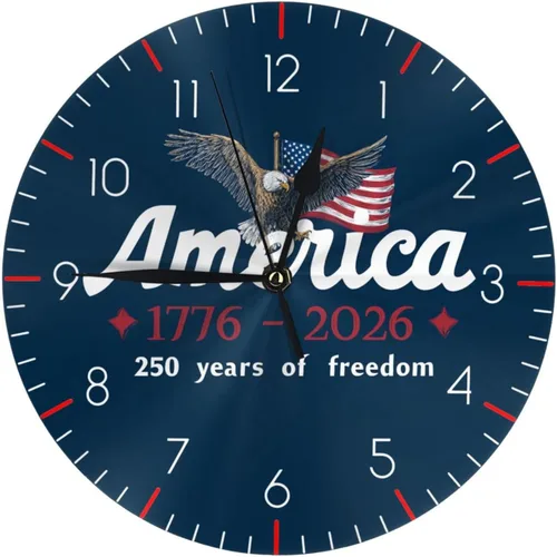 Vista 17 de Reloj de pared redondo de 250 años de aniversario, silencioso, sin tictac, funciona con pilas, retro con bandera de Estados Unidos, relojes