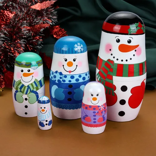 Vista 6 de 5 muñecas de anidación rusas de madera hechas a mano, muñecos de nieve para anidar, muñecas Matryoshka para regalo de cumpleaños de Navidad