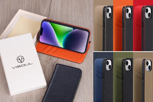 Vista 7 de VISOUL Funda tipo cartera de piel auténtica para iPhone 14, con tapa magnética, con tarjetero y función atril, compatible con iPhone 14