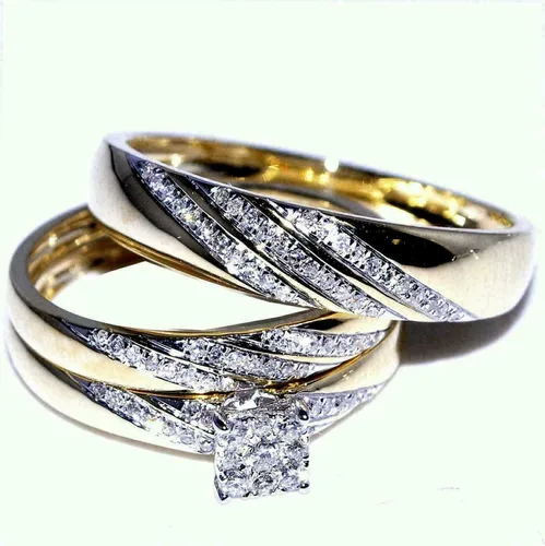 Vista 2 de Ssjewel - Juego de anillos de compromiso de boda con diamantes para él y ella, acabado de oro amarillo de 14 quilates, hecho a mano, apilable, a