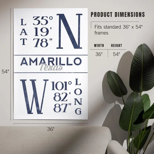 Vista 5 de Lantern Press 36x54 Inch Giclee Print, Amarillo, Texas, Latitude and Longitude (Blue)