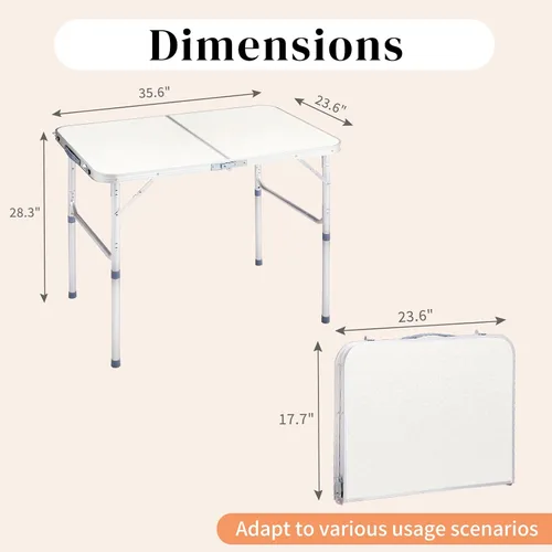 Vista 3 de Mesa plegable de aluminio, mesa de campamento multiusos para picnic, mesa rectangular portátil y ajustable, color blanco