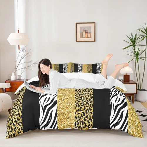 Vista 11 de Juego de funda de edredón para niños, tamaño individual, diseño de cebra y leopardo con purpurina, decoración de habitación para niñas y mujeres