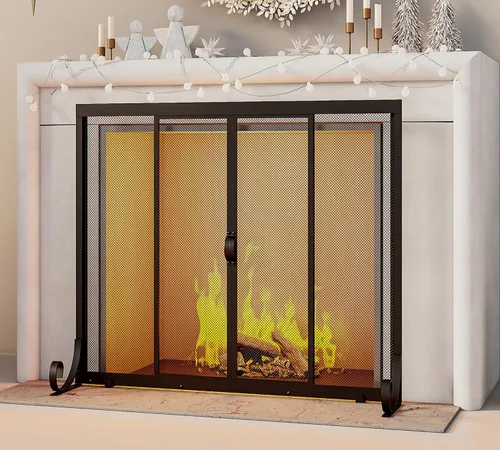Vista 2 de Fire Beauty Pantalla para chimenea, malla de hierro forjado, protector de chispas seguro para bebés con 2 puertas grandes pantallas planas
