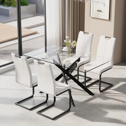 Vista 15 de Juego de mesa de comedor de 5 piezas para 4, mesa rectangular moderna de cristal con 4 sillas tapizadas de cuero, juegos de mesa y sillas de comedor