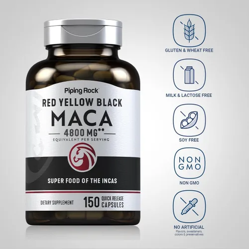 Vista 3 de Piping Rock Cápsulas de raíz de maca 150 píldoras en polvo para mujeres y hombres Rojo, amarillo y negro Suplemento sin OMG, sin gluten