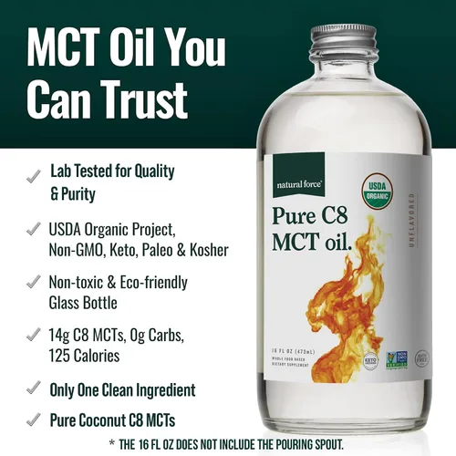 Vista 3 de Natural Force Aceite orgánico puro C8 MCT, aceite MCT líquido en recipiente de botella de vidrio, ácido caprílico concentrado, ceto, paleo, kosher