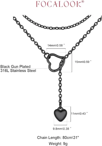 Vista 4 de FOCALOOK Lariat Y-Necklaces Long Necklaces for Women Long Black Necklaces Gold Necklaces for Women Drop Heart Necklaces for Women Front