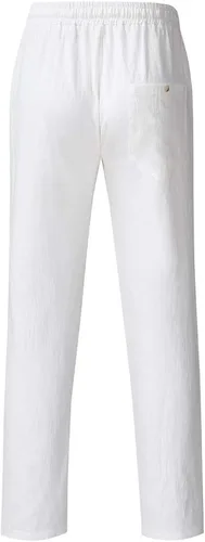 Vista 7 de Pantalones de lino para hombre, ajuste delgado, pantalones casuales de lino para hombre, piernas rectas, cordón elástico, cintura suelta, pantalones
