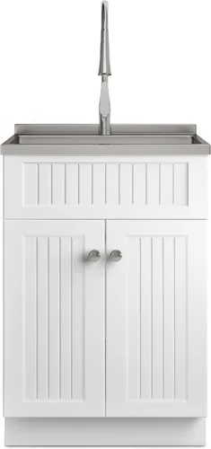 Vista 5 de SIMPLIHOME Beckham - Lavabo y armario de lavandería todo en uno de 24 pulgadas de ancho en acabado blanco puro, gabinete de fregadero de acero