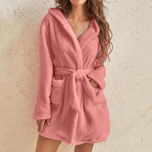 Vista 2 de Batas cortas para mujer, bata de baño de forro polar con capucha para mujer, batas cortas suaves y cálidas para spa