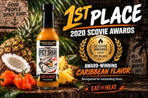 Vista 5 de The Spicy Shark Caribbean Reef Shark Scotch Bonnet Pepper Island Hot Sauce Botella de 5 onzas – Marca presentada en Hot Ones
