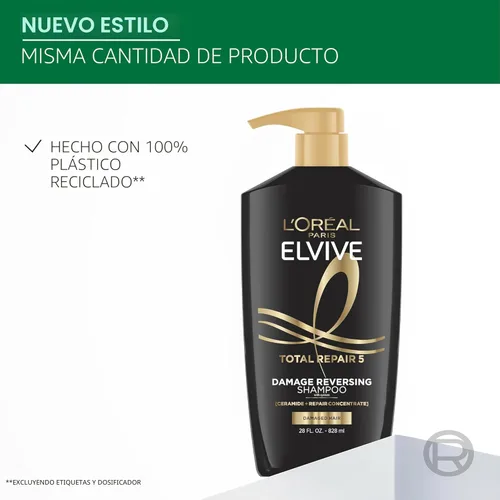Vista 6 de L'Oreal Paris Elvive Total Repair 5 Champú Reparador para Cabello Dañado Champú con Proteína y Ceramida para Cabello Fuerte Sedoso Brillante