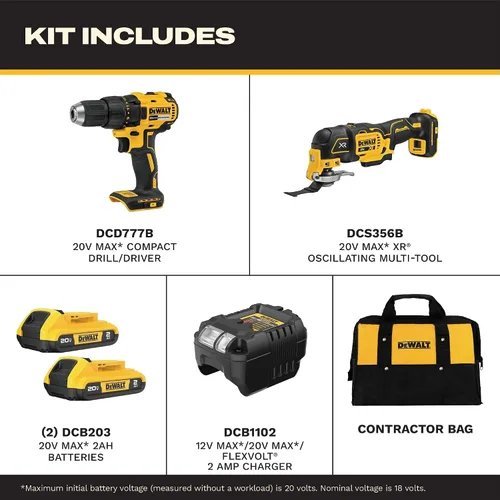 Vista 2 de DEWALT 20V MAX Cordless Drill Driver and Oscillating Multi-Tool Combo Kit with 2 x 2 Ah Batteries and Charger, Blade and Workbag (DCK251D2)
