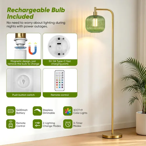 Vista 2 de Lámpara de pie inalámbrica para sala de estar, lámpara de pie con batería Oro cepillado y verde (Mando a distancia)