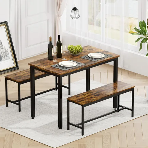 Vista 8 de Rovibek Juego de 4 sillas de mesa de comedor para 4, mesa de cocina moderna que ahorra espacio con 2 bancos y pies ajustables, mesa de desayuno