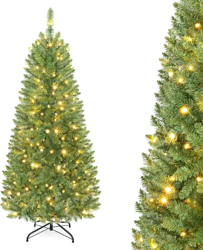 Vista 53 de GOFLAME Árbol de Navidad Artificial Preiluminado de 6 Pies, Árbol de Navidad Delgado con Cobertura de Nieve y Forma de Lápiz con Luces LED