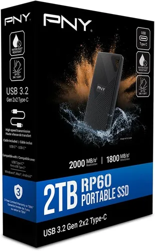 Vista 8 de PNY RP60 - SSD portátil de 2TB, hasta 2000MB/s, USB-C, USB 3.2 Gen2x2 - Resistente, con clasificación IP65, resistente al agua/polvo/caídas - Para