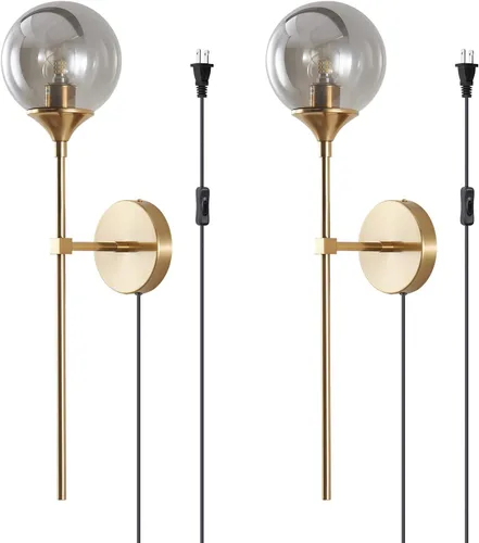 Vista 10 de KCO Lighting Mid-Century - Juego de 2 apliques de pared con cable de cristal dorado, lámparas de pared modernas industriales de brazo largo