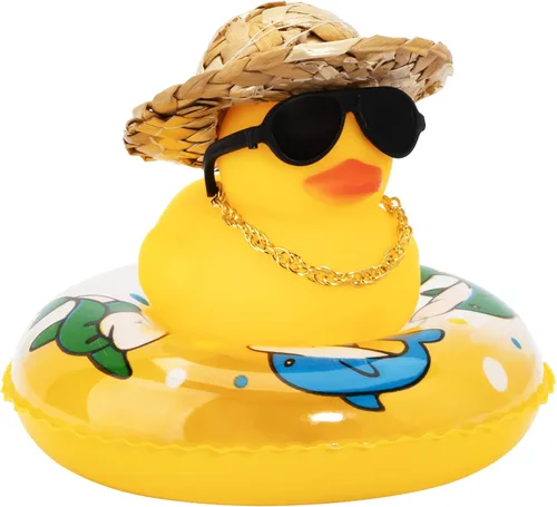 Vista 38 de wonuu Pato de goma para automóvil, decoración de pato amarillo con sombrero para el sol, anillo de natación, collar, gafas de sol para decoración