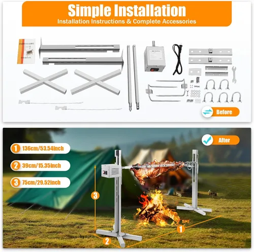 Vista 7 de Parrilla eléctrica de asador de 53 pulgadas, kit de parrilla resistente de capacidad de 88.18 libras, motor automático de 25 W y soporte universal