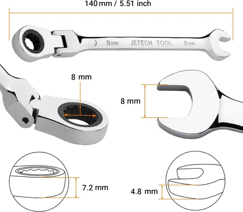 Vista 2 de Jetech Llave de trinquete de cabezal flexible de 8 mm, acero Cr-V de grado industrial, 12 puntos, diseño desviado de la esquina, trinquete de 72